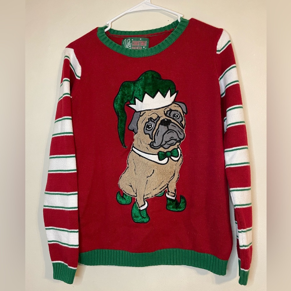 Pug Ugly Christmas Sweater with Striped Sleeves Pug with Elf Hat size Medium